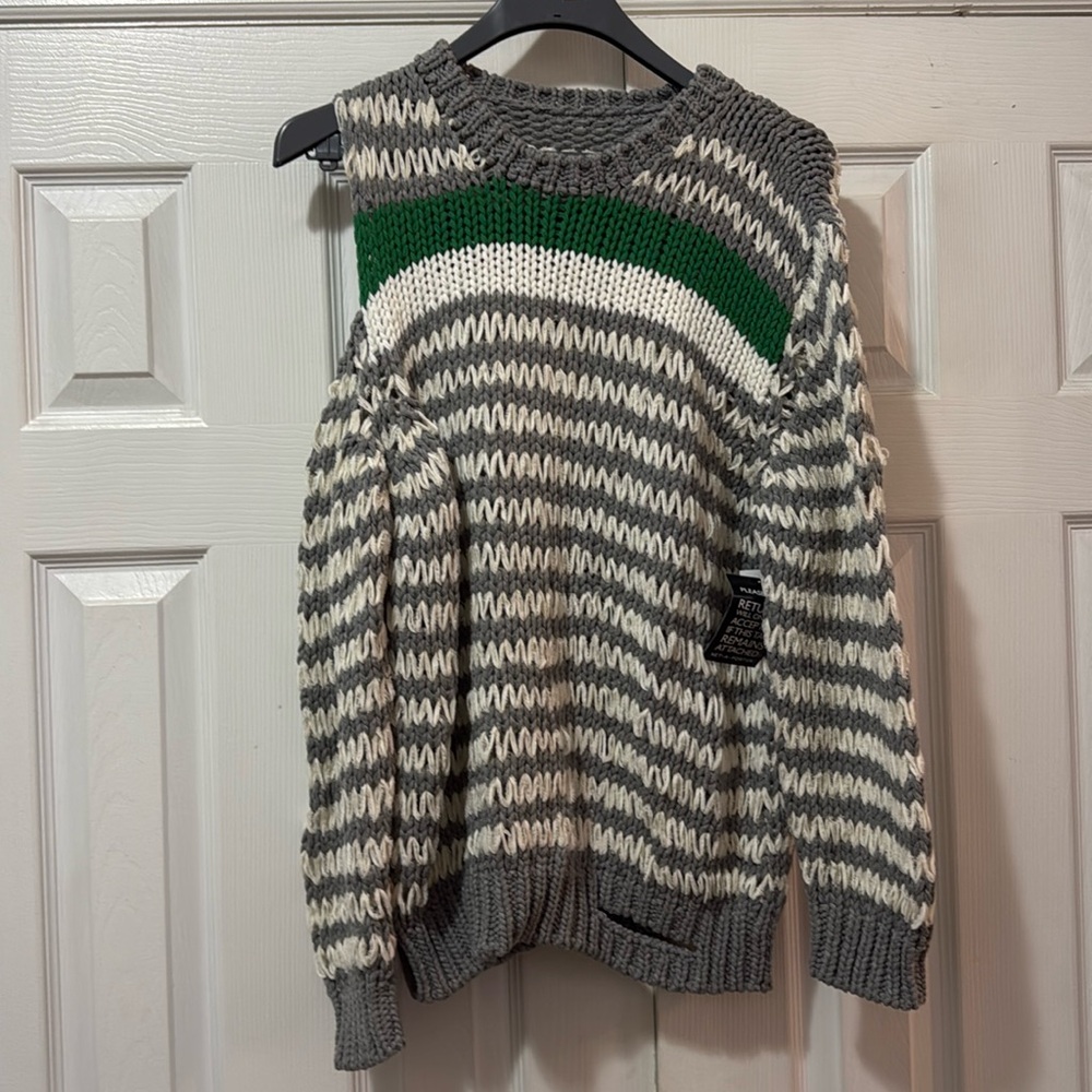 IRO knitted, exposed shoulder sweater (Grey&white stripe w/green stripe detail)